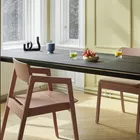 Knekk wood table in blackstained and chairs in blended green