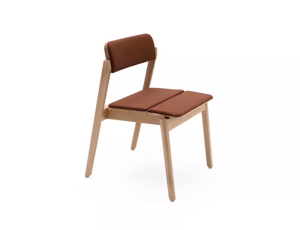 Knekk chair in oak fixed seat and back cushions from Fora Form